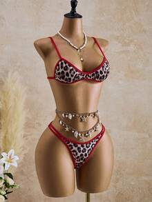 Swim Vcay Women's Leopard Print Bikini Set,Contrast Red Mini Cup Bandeau Strapless Swimwear,Summer Casual Beach Vacation Holiday Outfits For Woman,Tan - Multicolor - View 8