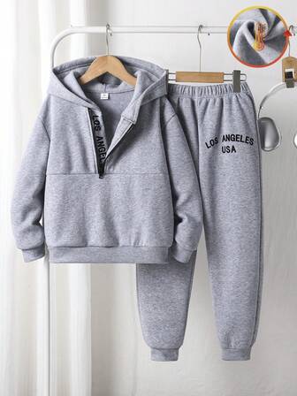 SHEIN 2pcs/Set Older Boys' Fleece Sweatshirt And Pants Set, Printed Decor, Contrast Black Zipper Accent, Korean Style, Suitable For Daily Wear