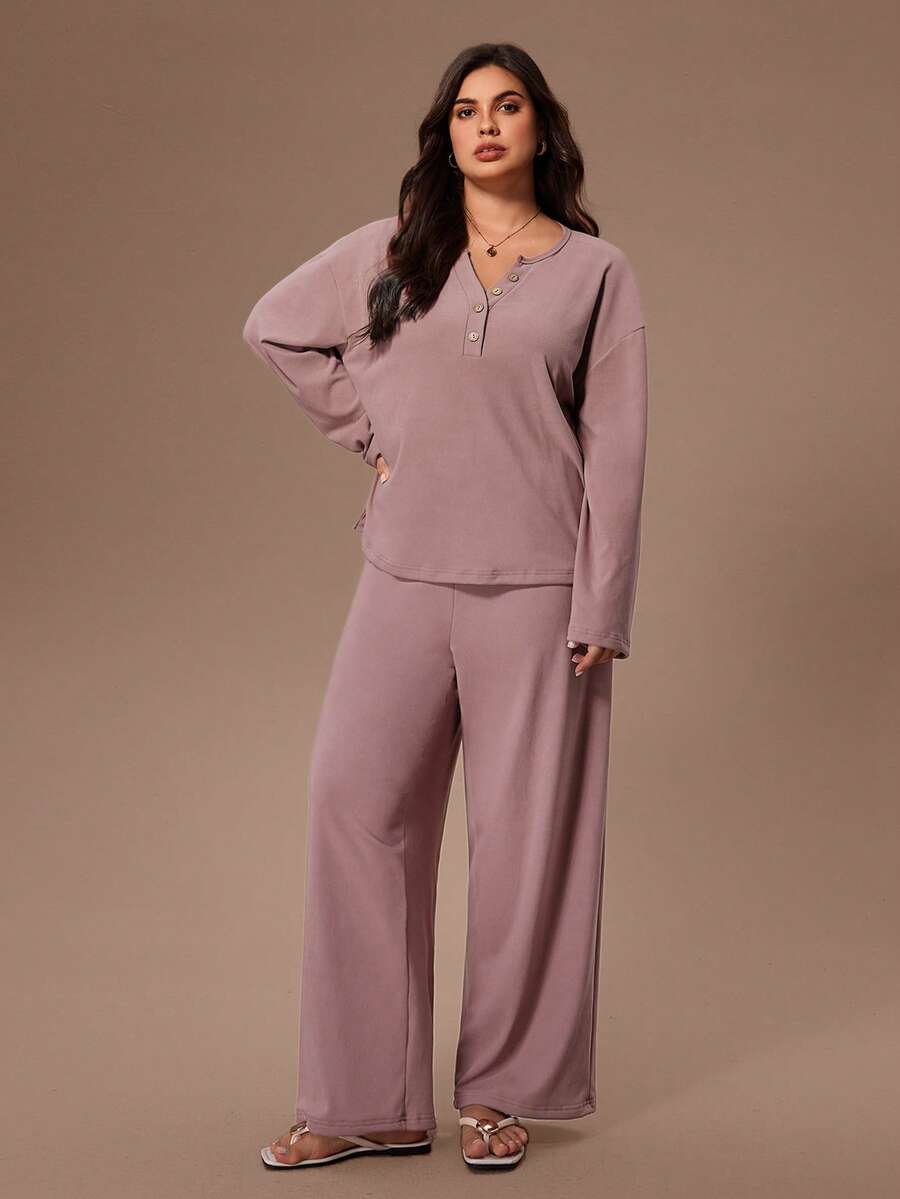 Lazeform Solid Color Knit Collar Button Decor Loose Long Sleeve & Pants Pajama Set, Plus Size - Dusty Pink - View 1