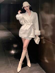 DAZY 女士羊毛大衣，配有毛绒拼布纯色抽绳腰带，适合情人节夹克 - 米色 - 查看 7