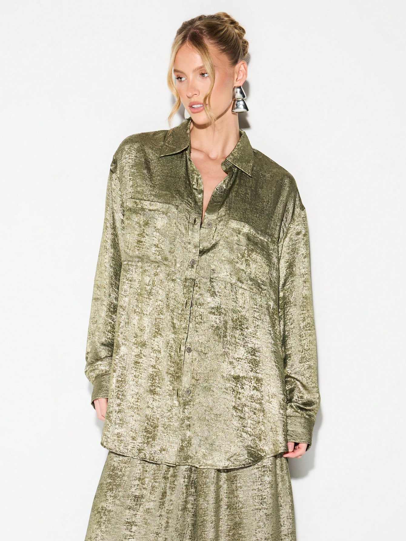 KIZN Metallic Olive Lame Chiffon Oversized Shirt