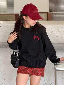 DAZY Tween Girls Round Neck Casual Bow Knit Sweater, Korean Style, Autumn/Winter - Black - View 6