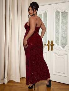 SHEIN BAE Váy chắp vá sequin cổ chữ V cỡ lớn cho nữ - Đỏ - Xem 2