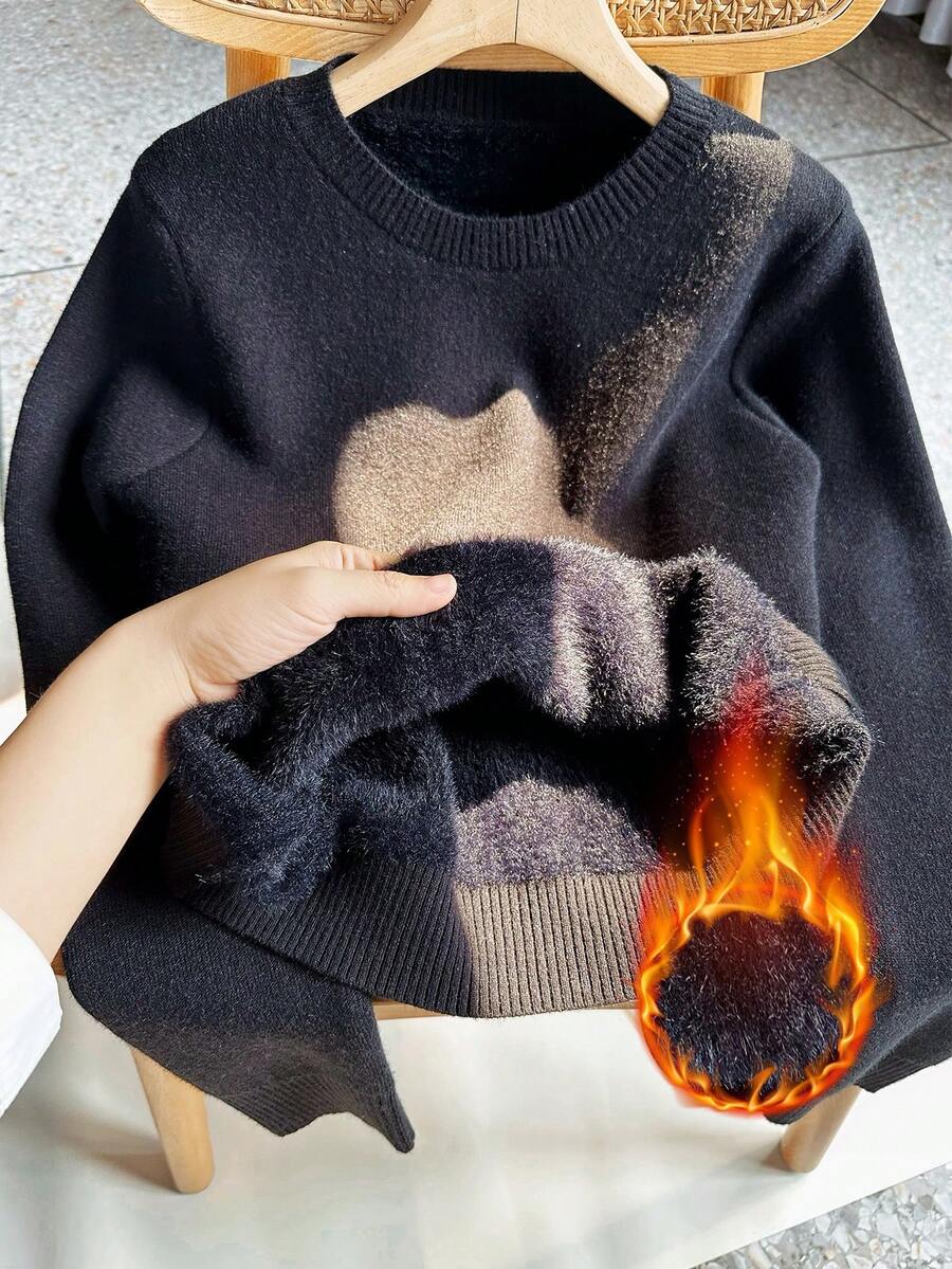 Chiquease 新款女士保暖圆领长袖毛衣，冬季必备，黑色上衣，黑色 - 黑色 - 查看 1