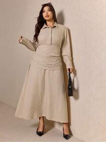 Elaquor Vestido Camisa Longo de Cor Sólida Elegante para Mulheres Plus Size para Uso Diário - Damasco - Visão 6
