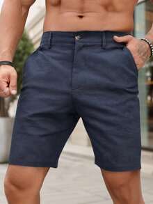 Manfinity Homme Men's Solid Color Pocket Casual Slim Fit Shorts, Summer Navy Blue Shorts - Navy Blue - View 5
