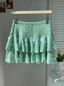 Comfortcana 绿色圣诞亮片派对荷叶边半身裙，适合新年、圣诞节、沙滩等场合，优雅百搭。 - 彩色 - 查看 2