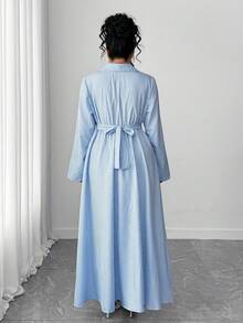 Elenzga Plus Size Elegant Asymmetrical Tie-Waist Flared Hem Blue And White Striped Dress - Blue and White - View 2