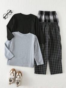 Cozy Pixies 4 pièces/set Tenue décontractée pour jeune garçon, comprenant un Top à manches longues col rond ample avec imprimé lettres en tricot doux et un pantalon long classique à carreaux. Convient pour la maison, les jeux extérieurs, les vacances, les sports légers, une mode polyvalente - Multicolore - Voir 2