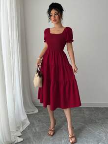 Vestido casual de mujer de unicolor, vestido largo de manga corta con cuello cuadrado en color caqui, vestido holgado de línea A con cintura ceñida para vacaciones - Rojo - Ver 4