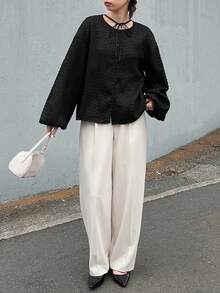 FRIFUL Women's Elegant Black Autumn Blouse,Round Neck Drop Shoulder Long Sleeve Pleated Drawstring Bow Tie Loose Casual Versatile Top For Brunch,Winter - Black - View 2