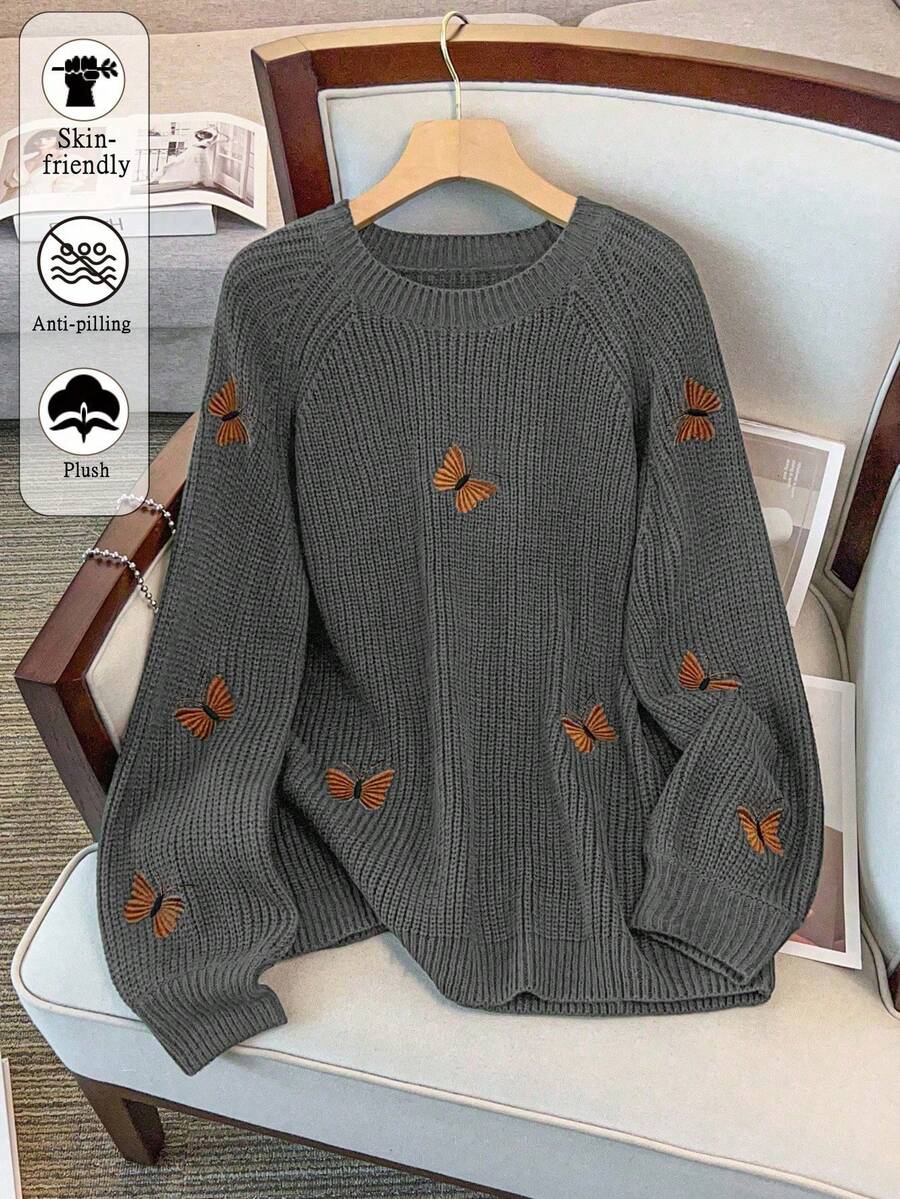 SHEIN Clasi 女士纯色针织蝴蝶结刺绣花朵长袖常规优雅套头毛衣,秋冬毛衣搭配蝴蝶结蝴蝶结毛衣优雅毛衣 - 灰色 - 查看 1