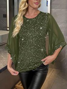 EMERY ROSE Women's Elegant Silver Foil Mesh Patchwork Blouse - Army Green - View 6