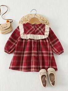 Cozy Pixies 女婴撞色蝴蝶结荷叶边领长袖连衣裙，加厚保暖内衬，红色格子连衣裙，适合冬季、圣诞节、新年、外出等场合 - 紅色 - 查看 2