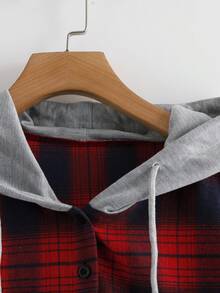 SHEIN Unity 休闲格子拼布连帽衬衫，秋季 - 紅色 - 查看 3