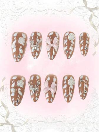 Anime 10 pezzi Unghie finte di alta qualità con fiocco carino, nota musicale, elemento a stella, realizzate a mano + 3 pezzi di adesivo biadesivo, Adesivi per arte di unghie rimovibili con catena di strass stile francese Y2K a pois, adatti per vacanze, feste, ballo e uso quotidiano