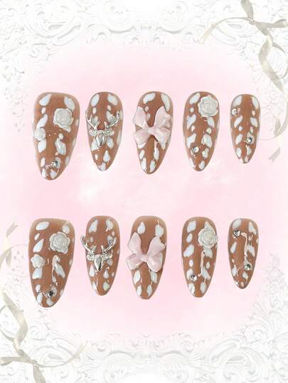 Anime 10 Stück süße Schleifen-Musik-Noten-Stern-Elemente hochwertige handgefertigte Kunstnägel + 3 Stück doppelseitiger Kleber, Y2K französischer Stil Strass-Kette Polka-Punkt abnehmbare Nail-Art-Aufkleber, geeignet für Feiertage, Partys, Tanzen und den täglichen Gebrauch