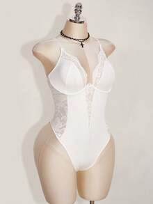 SHEIN ICON 大码 Y2K 春季狂欢节蕾丝拼接紧身吊带露脐上衣高腰露背连体衣女装 - 白色 - 查看 3