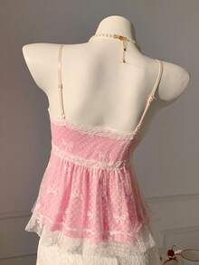 Comfortcana 女士时尚性感Y2K蕾丝边蝴蝶吊带背心，新年新款 - 粉色 - 查看 2