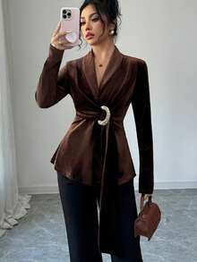 Elenzga Women's Solid Color Metal Ring Pleated Elegant Long Sleeve Blouse - Camel - View 1