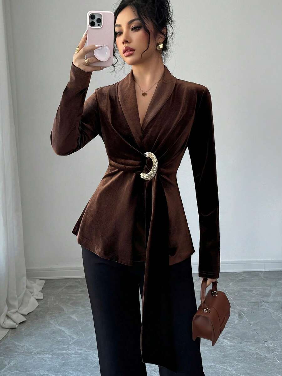 Elenzga Women's Solid Color Metal Ring Pleated Elegant Long Sleeve Blouse - Camel - View 1