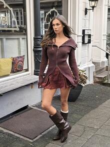 Chiquease Herbst/Winter sexy Off-Shoulder Reißverschluss Strickjacke für Frauen, figurbetonter gerippter Strickpullover mit abgenutztem Saum Design - Kaffeebraun - Übersicht 3