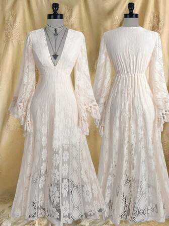 Lyrianda High-End Luxury French Lace Dress, New Fashionable Elegant V-Neck Flare Sleeve Patchwork Tassel Hem Dress, Formal Party Evening Gown, Birthday Dress