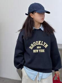 DAZY Tween Girls Crew Neck Thermal Lined Letter Print Sweatshirt, Fall - Navy Blue - View 7