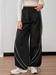 SHEIN Tall Damen Lässig Hose mit Kordelzug, hoher Taille und weitem Bein - Schwarz - Übersicht 10