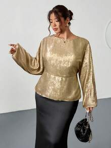 SHEIN Privé 大码女式纯色蝙蝠袖长袖金属色宽松时尚衬衫 - 金色 - 查看 4