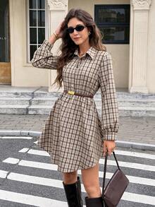 Serisse Women's Plaid Long Sleeve Shirt Dress,Retro Vintage Brown And White Polka Dot Autumn Back-To-School Checkered Button Half Placket Casual Dress,School - Brown - View 7