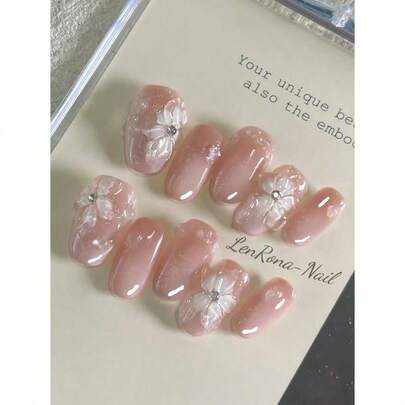 10片装DIY人造美甲套装，3D手工制作，冰晶透明百合花形，粉色渐变表面，不对称水滴装饰，更显优雅迷人，简约按压式美甲，美甲用品，美甲