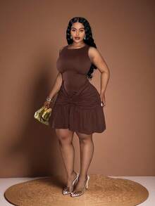 Veslaya Nuevo vestido elegante de primavera/verano para fiesta, cita elegante, noche y mini vestido, ajustado de color marrón sólido sin mangas con pliegues en la cintura, volantes en el bajo, tela elástica de punto, tallas grandes para mujer - Marrón - Ver 1