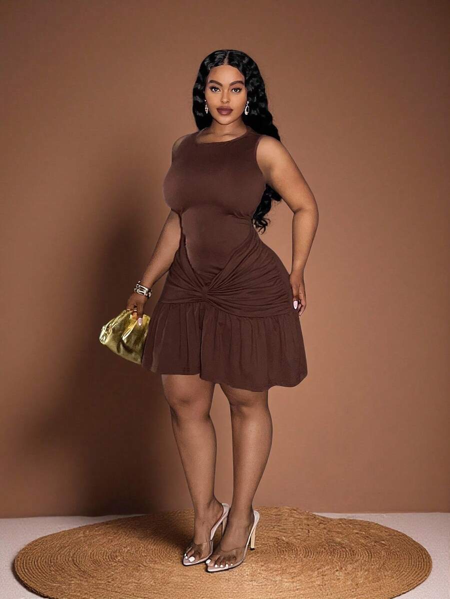 Veslaya Nuevo vestido elegante de primavera/verano para fiesta, cita elegante, noche y mini vestido, ajustado de color marrón sólido sin mangas con pliegues en la cintura, volantes en el bajo, tela elástica de punto, tallas grandes para mujer - Marrón - Ver 1