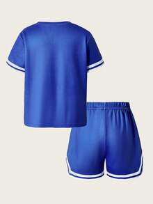 SHEIN Explorewe 2pcs/Set Young Boy Summer Sports & Casual Numeric Print Round Neck Short Sleeve T-Shirt And Shorts Outfit With Ribbon Decor For School Party Vacation - Multicolor - View 3