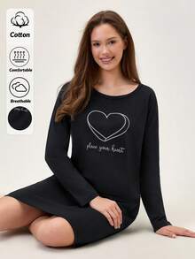 Loomlin Women Cotton Contrast Colour Heart&Lettered Round Neck Printed Long Sleeve Pajama Dress Long Sleeve Nightgown Sleep Wear Women