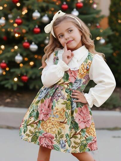 Emery Rose Kids Emery Rose Kids Young Girl Woven Solid Color Patchwork Ditsy Floral Casual Dress Girls Spring Autumn French Style Dress Little Girl Floral Long Sleeve Party Dress Little Girls Winter Dresses Victorian Vintage Style Dresses For Little Girls