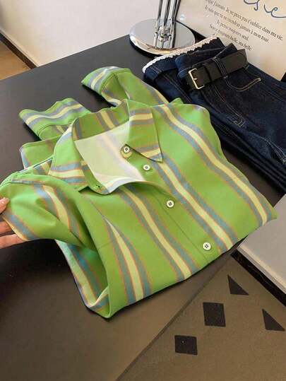 INAWLY 女式绿色条纹时尚 Polo 领长袖休闲衬衫上衣，春夏