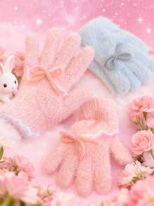 Joivida Găng tay len lông cừu đan nơ cho nữ mùa đông, lót nhung, găng tay giữ nhiệt, dễ thương, tách ngón, phụ kiện thời trang ấm áp cho thời tiết lạnh - Nhiều màu - Xem 6