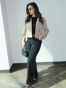 MDEdit Damen eleganter neuer Herbst/Winter modischer Alltags-Lässig vielseitiger Pendler und bequemer neuer Khaki Taschen Gürtel Damen Trenchcoat, Old Money Stil Schulanfang Lehrer Winter Herbst Old Money Business-Casual Damen Trenchcoat mit Gürtel Jacke Kurze Jacke Damen Blazer für Damen V-Ausschnitt Taille Anzug Leinengemisch Collarless Langarm leichter Mantel Herbst /Flughafen /Ausgehen - Khaki - Übersicht 7