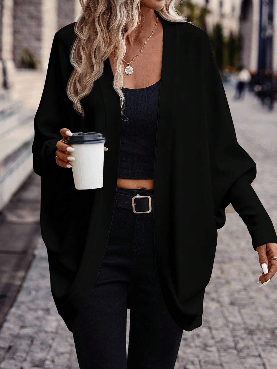 SHEIN Frenchy Women's Casual Minimalist Solid Color Open Front Lightweight Jacket Black Spring - Black - View 1
