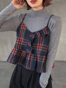 FRIFUL 女士格子吊带叠层腰部拼接褶裥前片荷叶边休闲宽松百搭常规外套，秋冬款 - 黑色 - 查看 3