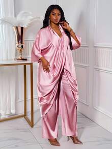 Truni Bộ đồ 2 món bằng vải satin rộng rãi cho nữ cỡ lớn, áo cánh dơi cỡ lớn và quần ống đứng, phù hợp với dáng người hình tam giác quả lê - Hồng - Xem 3