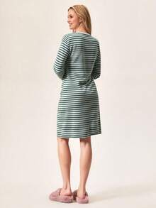 Loomlin 女士棉质罗纹针织撞色镶边猫咪刺绣长袖睡衣睡裙 - 綠色 - 查看 2