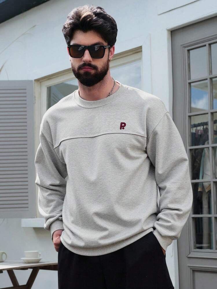 Men's Grey Crew Neck Letter Embroidered Fleece Pullover Sweatshirt, Autumn/Winter