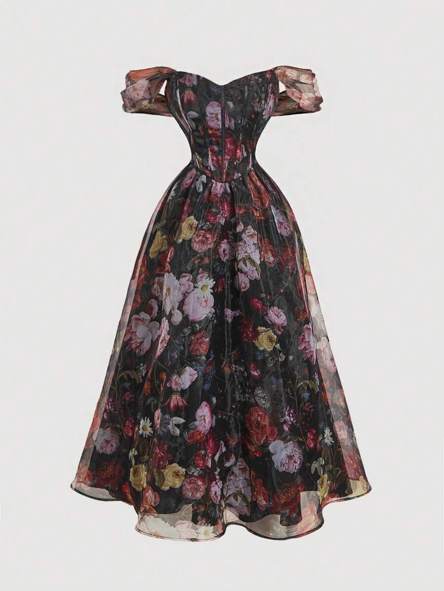 SHEIN MOD 女士复古印花露肩连衣裙，派对礼服，度假装，西式女装，复古碎花连衣裙，情人节，复古女装，春季服装，生日装，哥特风连衣裙