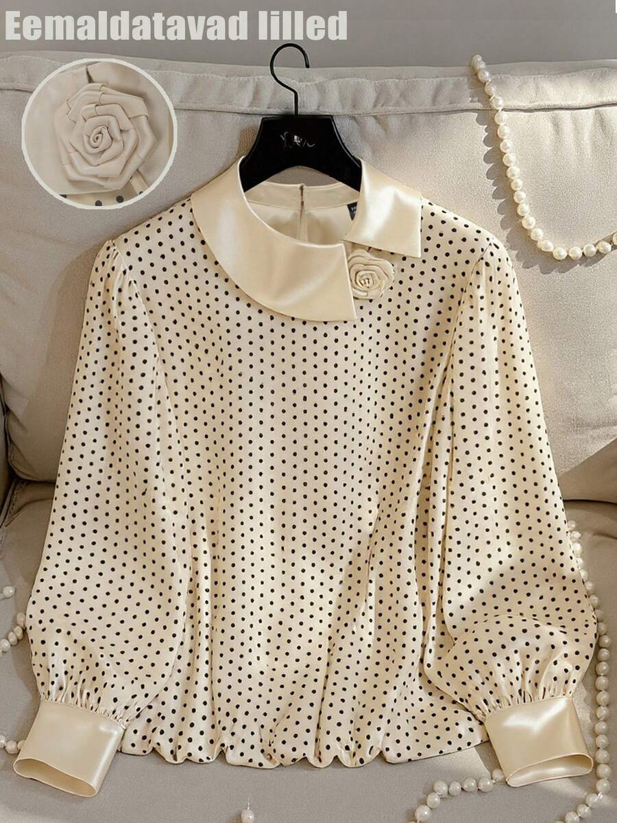 Franclia 大码女式亮面波尔卡圆点3D花卉装饰优雅衬衫 - 香檳色 - 查看 1