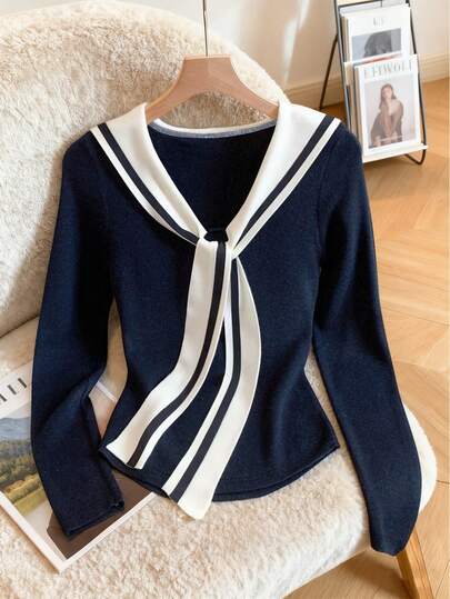 Franclia Women's Striped Patchwork Sailor Collar Long Sleeve Casual T-Shirt