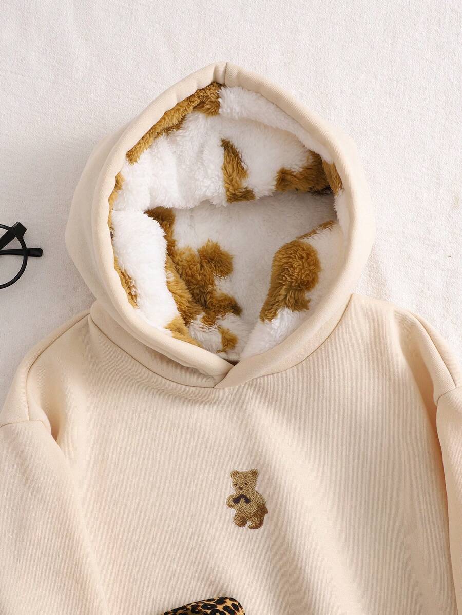 Tween Girl Casual Street Leopard Fluffy Hat, Five-Pointed Star & Leopard Print Pattern, Suitable For Street Style, Hooded Sweatshirt - Apricot - View 1