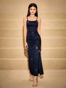 优雅时尚无袖高腰修身开衩设计金属亮面连衣裙，海军蓝，适合少女毕业舞会、圣诞派对、生日 - 藏蓝色 - 查看 7